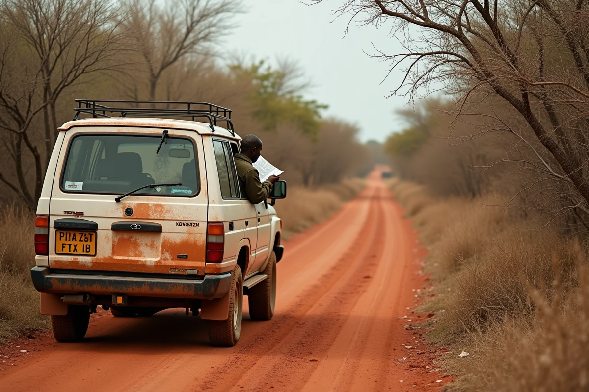 Véhicule 4x4 Toyota Land Cruiser sur une piste de brousse étroite au Soudan du Sud, ambiance expédition dans la savane sud-soudanaise