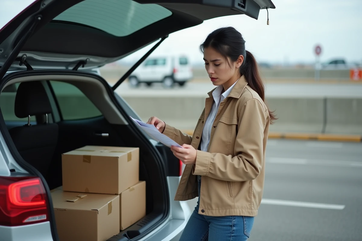Femme contrôlant ses achats de cartouches de cigarettes près du coffre de sa voiture lors d'un retour d'Espagne, évoquant les risques liés aux limites douanières