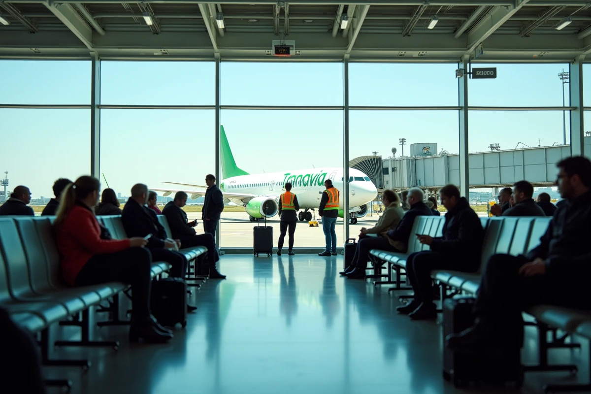 Porte d'embarquement avec avion Transavia visible depuis l'aéroport