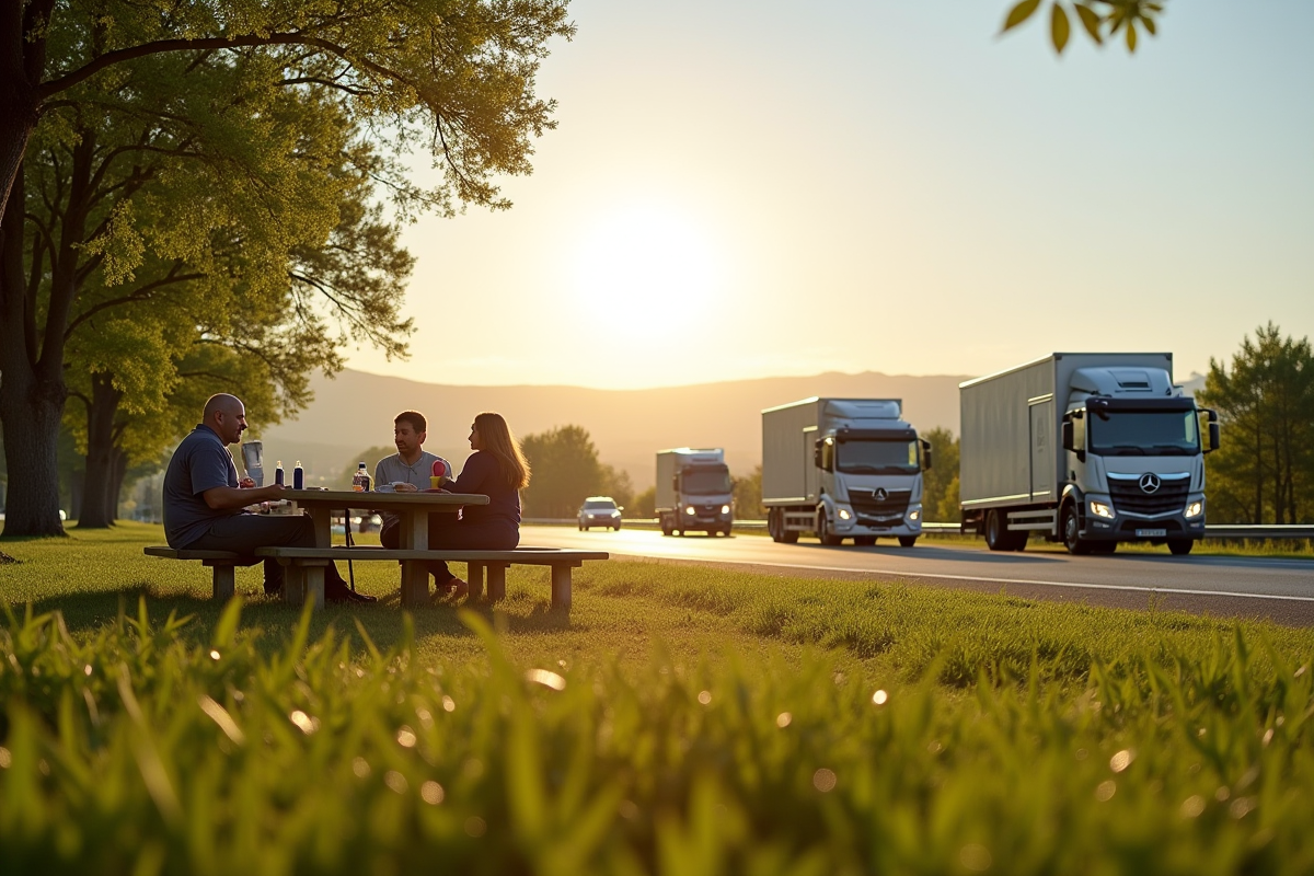 Aire de repos en France avec familles et véhicules au matin