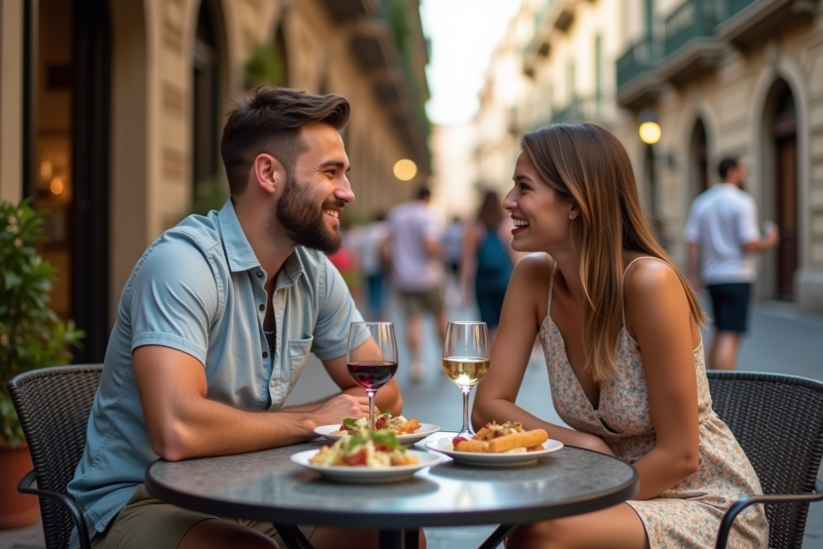 Amis discutant dans un café animé de Barcelone