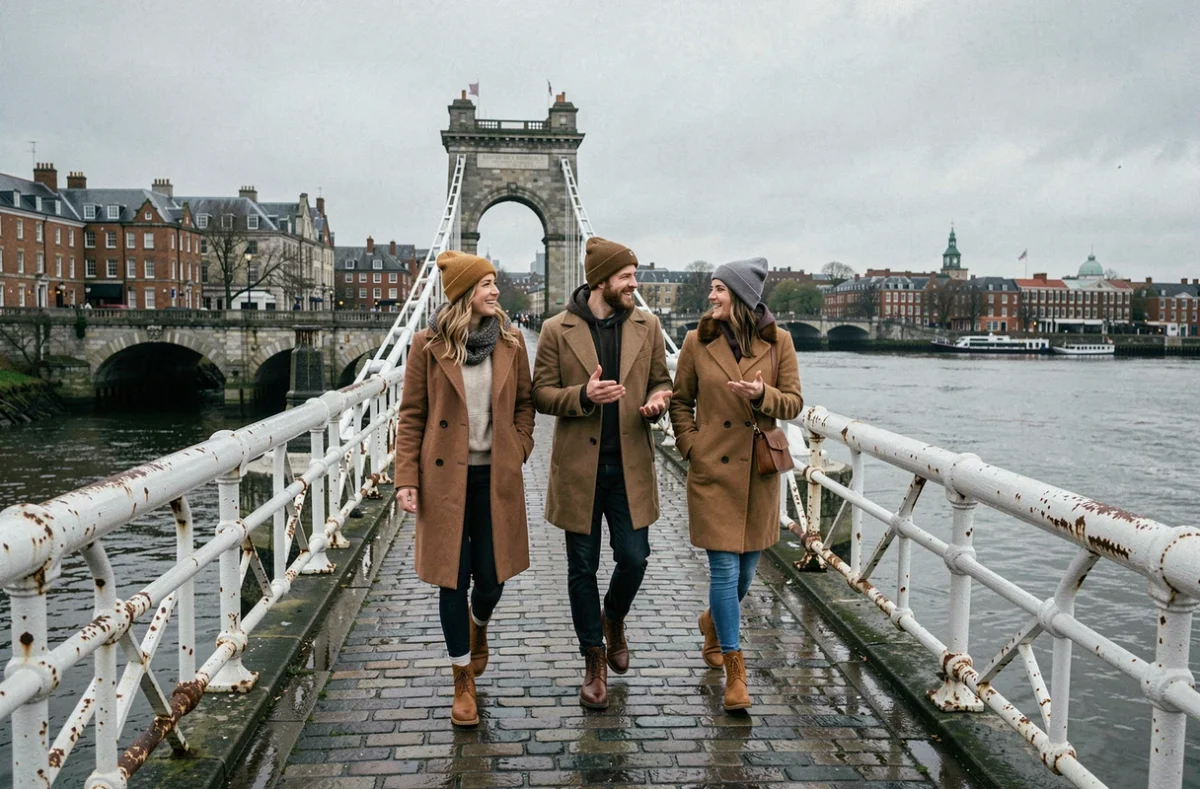 Trois amis traversant le Ha'penny Bridge à Dublin lors d'une journée d'automne