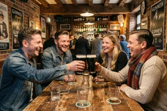 Groupe d'amis qui trinquent avec des pintes de bière dans un pub irlandais traditionnel à Dublin