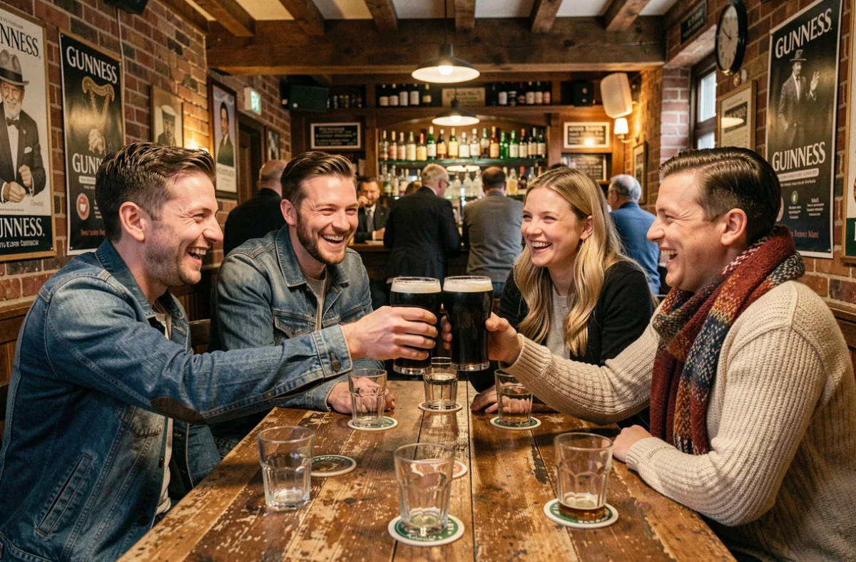 Groupe d'amis qui trinquent avec des pintes de bière dans un pub irlandais traditionnel à Dublin