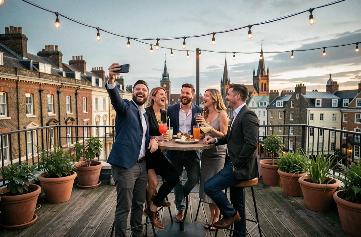 Groupe d'amis profitant d'un bar rooftop avec vue sur les toits de Dublin au crépuscule