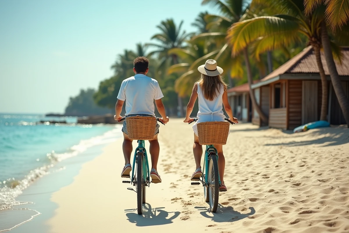 Deux amis à vélo sur la plage de Gili