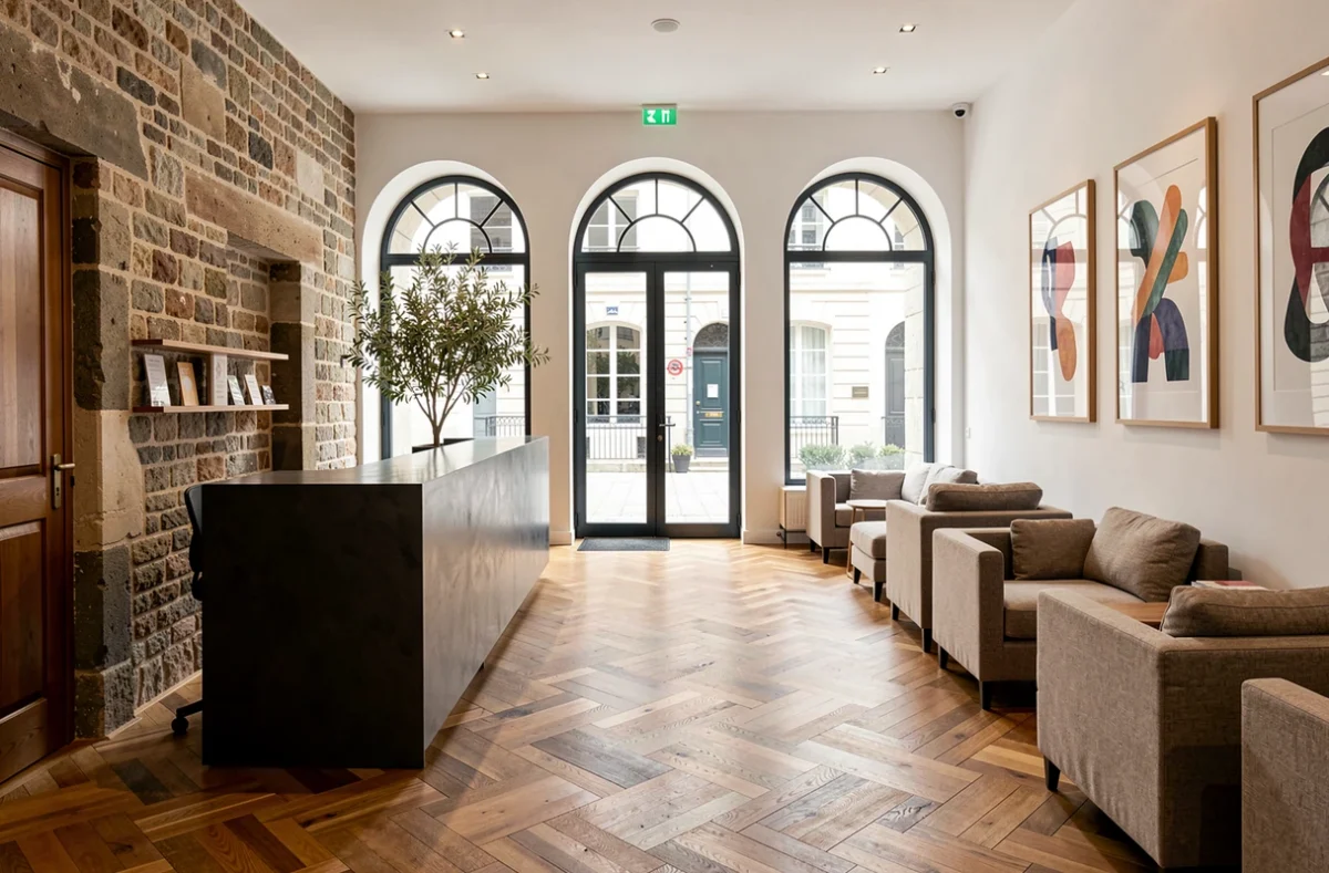 Hall d'entrée de l'Aparté Hôtel à Dijon mêlant pierre de Bourgogne apparente et décor contemporain épuré