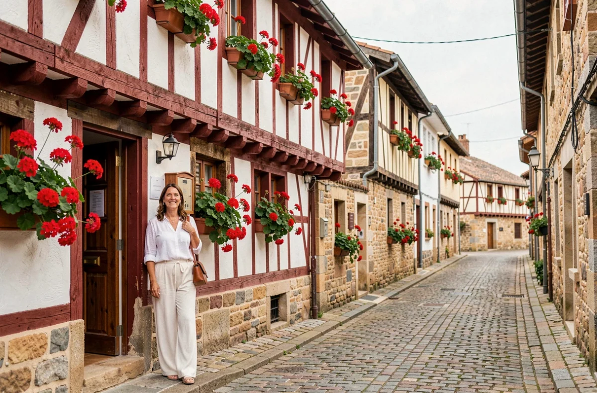 Façade de l'hôtel Argi Eder à Ainhoa avec colombages rouges et blancs typiques du village basque classé