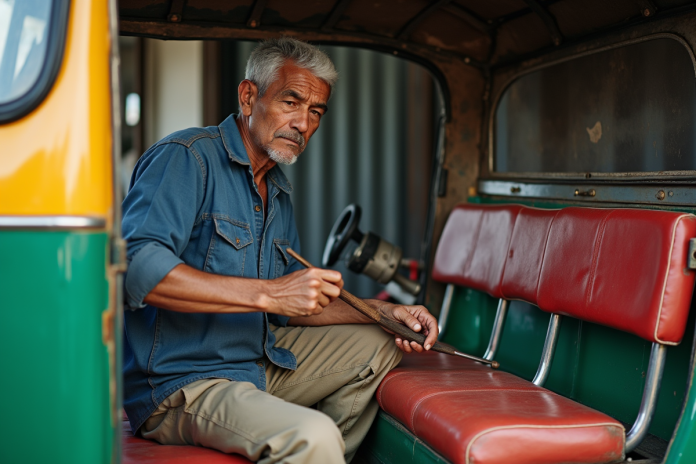 Artisan en bleu assemble un tuk tuk dans un atelier