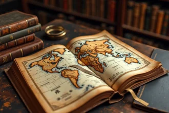 Atlas vintage ouvert sur une carte annotée avec des noms de villes rares commençant par X, posé sur une table en bois dans une bibliothèque ancienne