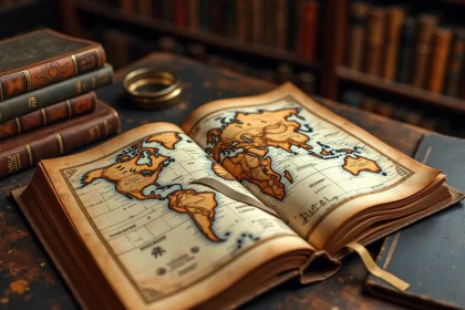 Atlas vintage ouvert sur une carte annotée avec des noms de villes rares commençant par X, posé sur une table en bois dans une bibliothèque ancienne