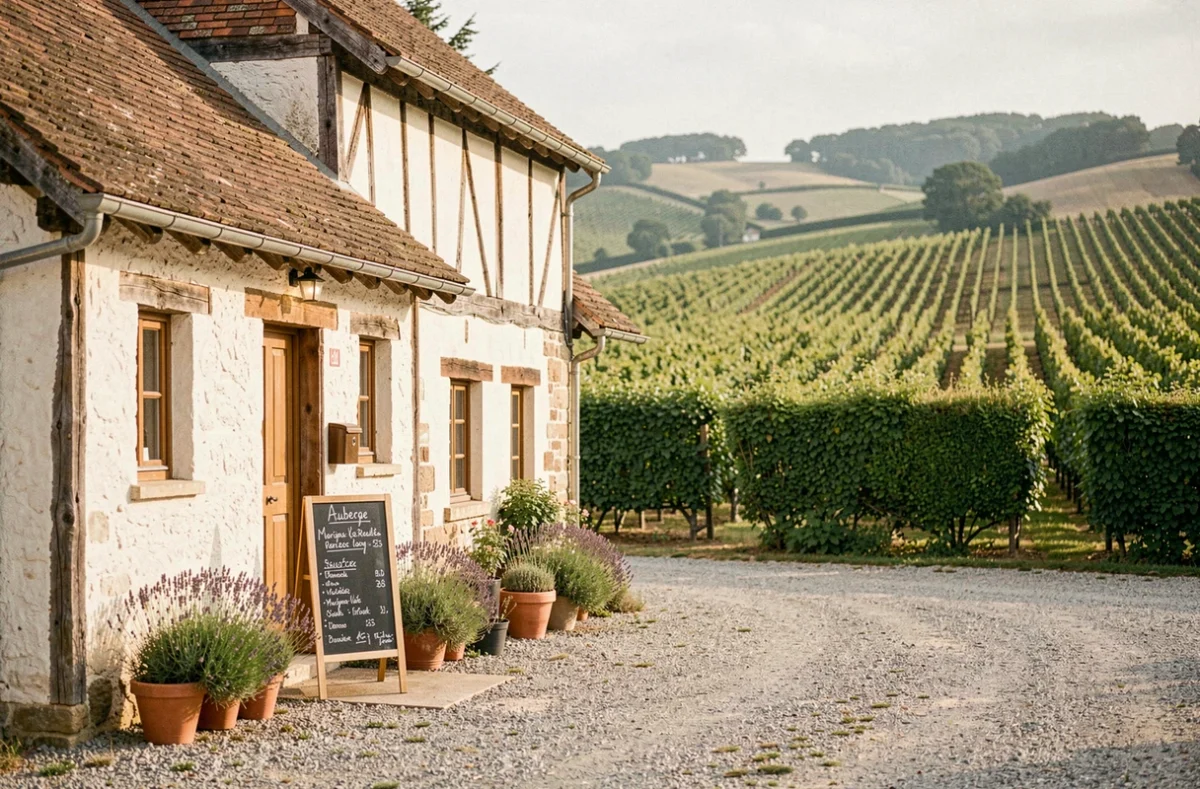 Façade de L'Auberge de Reullée à Marigny-lès-Reullée entourée de vignes bourguignonnes et décor rural authentique
