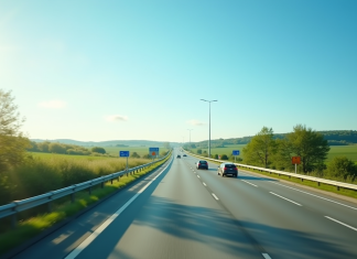 Autoroute ensoleillée en France avec voitures et panneaux