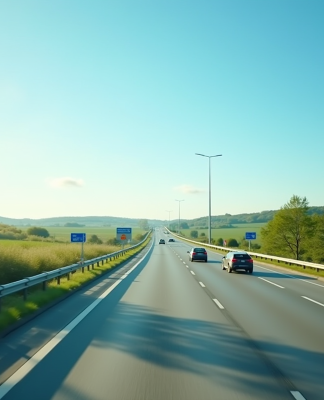Autoroute ensoleillée en France avec voitures et panneaux