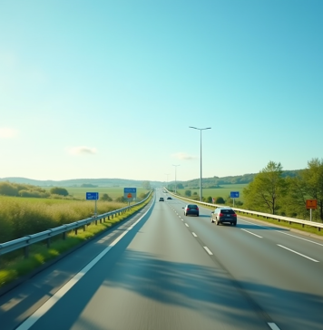 Autoroute ensoleillée en France avec voitures et panneaux