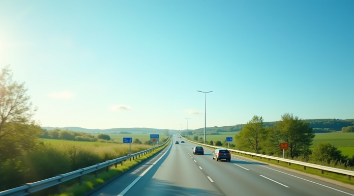 Autoroute ensoleillée en France avec voitures et panneaux