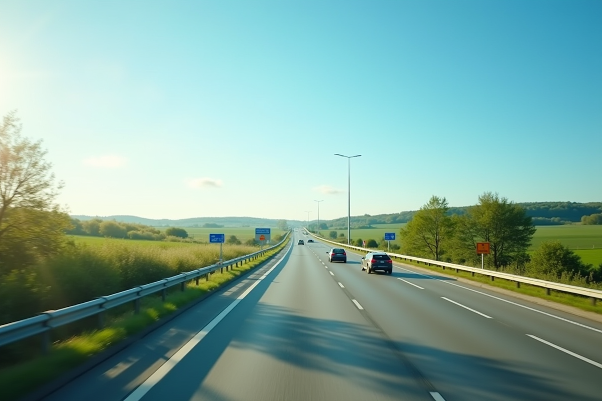 Autoroute ensoleillée en France avec voitures et panneaux