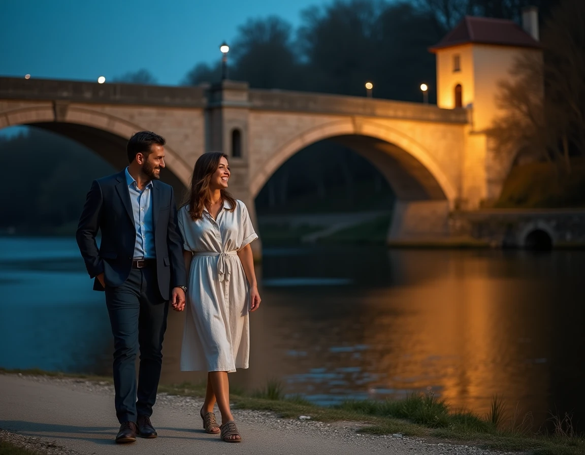 Couple se promenant au bord du Tarn la nuit avec le Pont-Vieux de Montauban en reflet