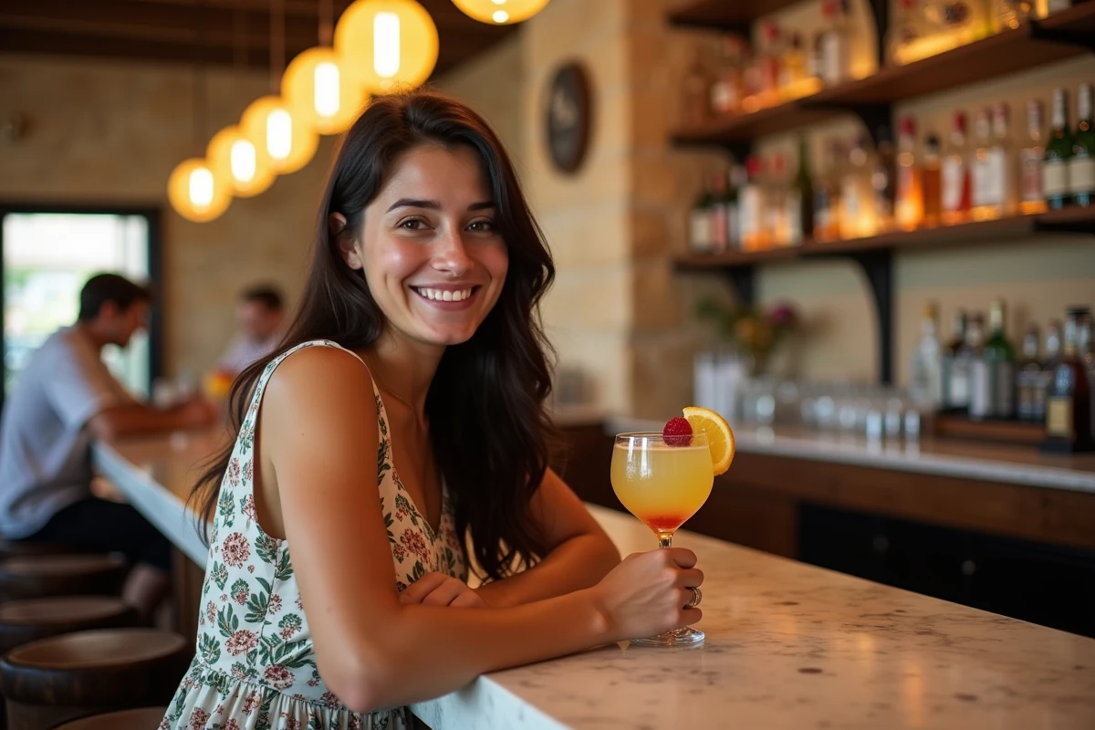 Jeune femme dégustant un cocktail dans un bar tendance de Paceville à Malte