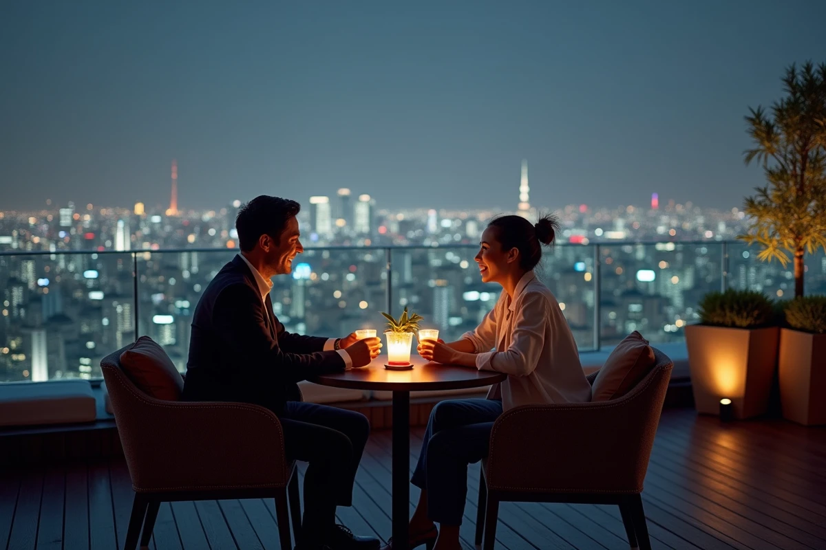 Couple profitant d'un bar en rooftop avec vue panoramique sur les toits illuminés de Tokyo la nuit