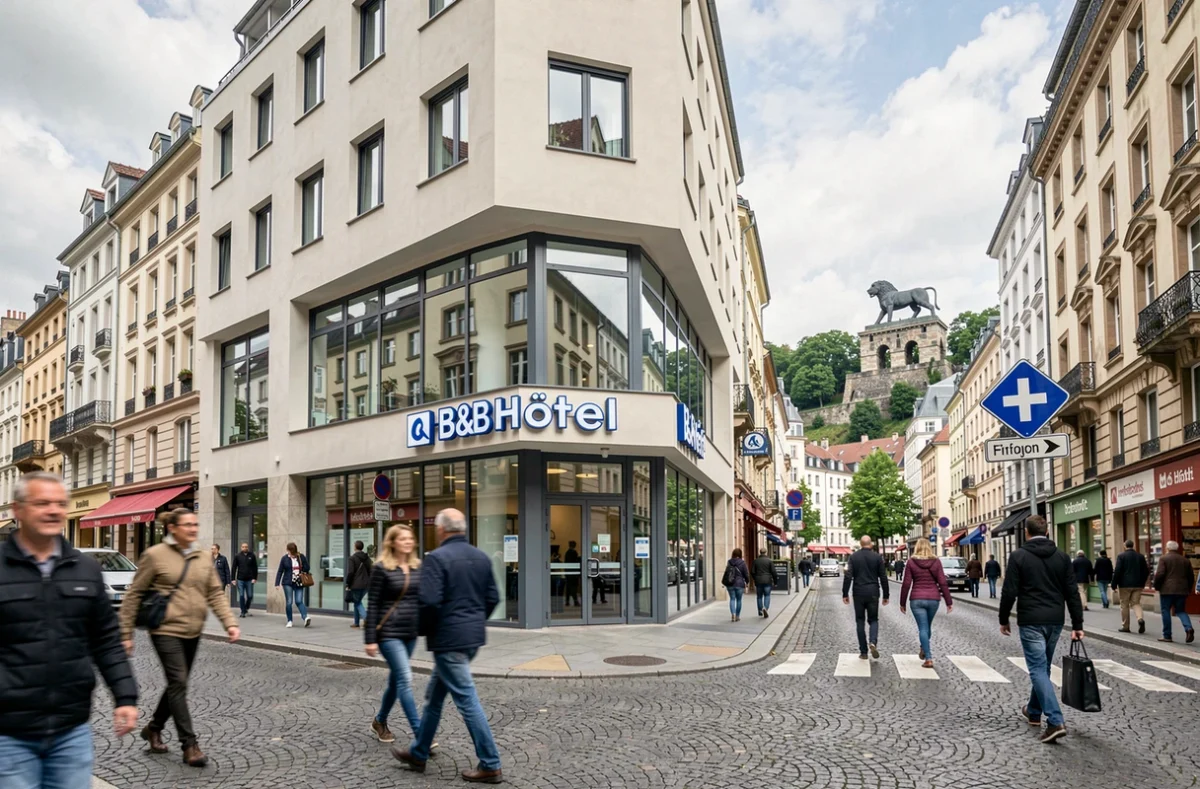 Façade du B&B Hôtel Belfort Centre avec devanture moderne bleue et blanche dans une rue animée du coeur de Belfort