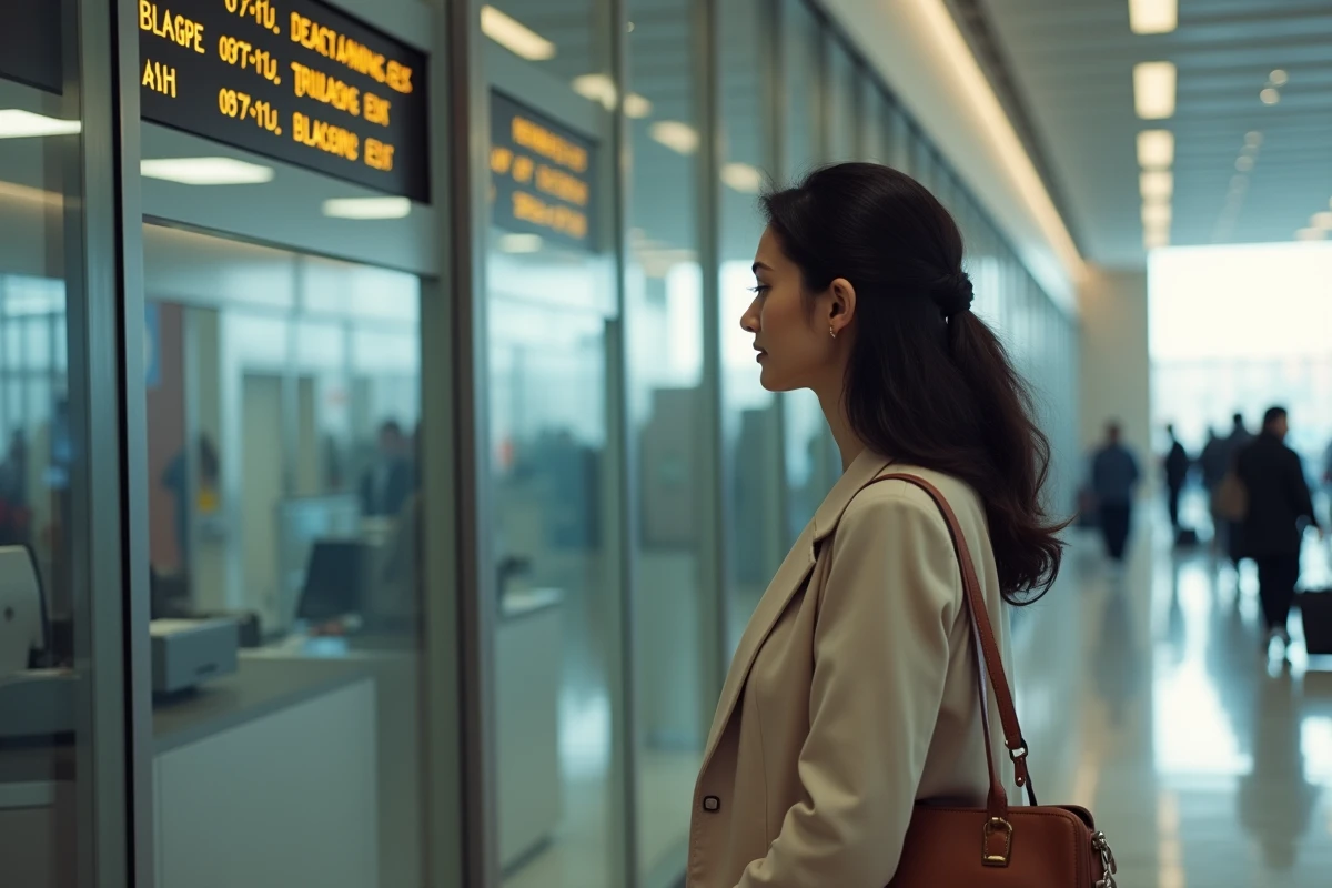 Femme au guichet de bureau de change de l'aéroport Mohammed V de Casablanca avec affichage des taux de change
