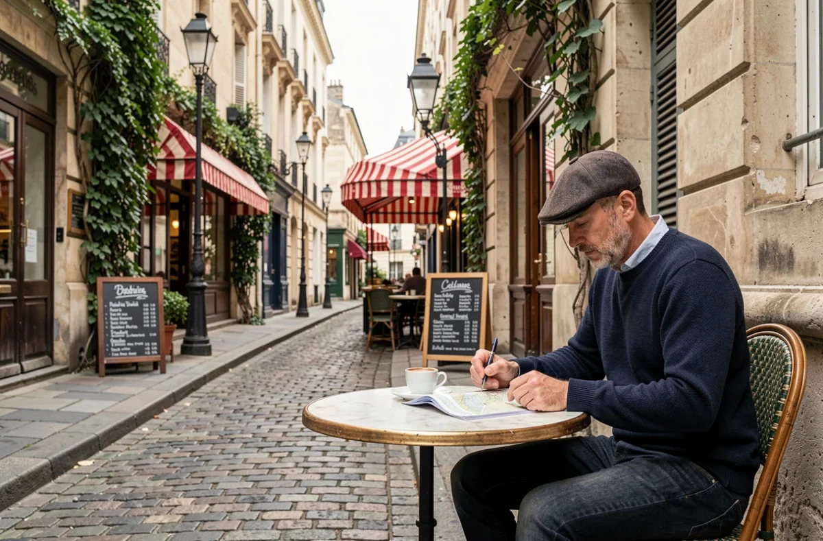 Touriste consultant une carte dans un café de rue pavée typique de Montmartre lors d'un itinéraire express à Paris