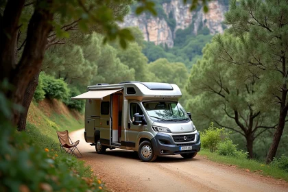 Camping-car compact garé sur un chemin forestier dans les gorges de la Vis en Hérault entouré de végétation méditerranéenne