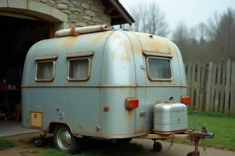 Caravane Eriba Puck vintage occasion garée sur une allée de gravier, carrosserie en aluminium oxydée avec décalcomanies fanées et joints usés