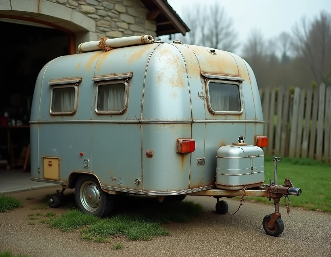 Caravane Eriba Puck vintage occasion garée sur une allée de gravier, carrosserie en aluminium oxydée avec décalcomanies fanées et joints usés