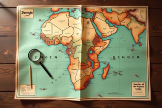 Carte imprimée haute résolution du Sénégal posée sur un bureau en bois avec loupe et crayon