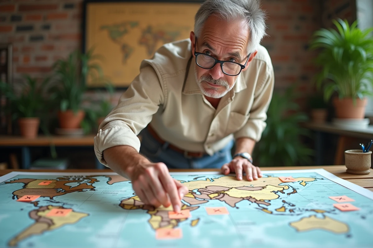 Cartographe masculin dans la cinquantaine examinant des cartes du monde annotées avec des noms de lieux commençant par la lettre X dans un studio de géographie moderne