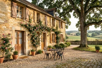 Façade en pierre d'une chambre d'hôtes typique des Yvelines entourée de verdure et de rosiers grimpants
