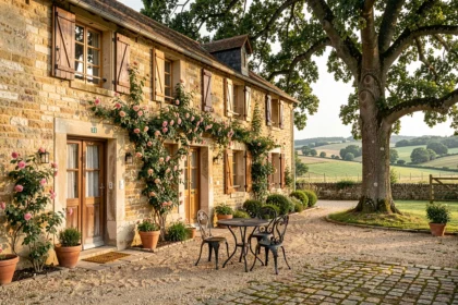 Façade en pierre d'une chambre d'hôtes typique des Yvelines entourée de verdure et de rosiers grimpants