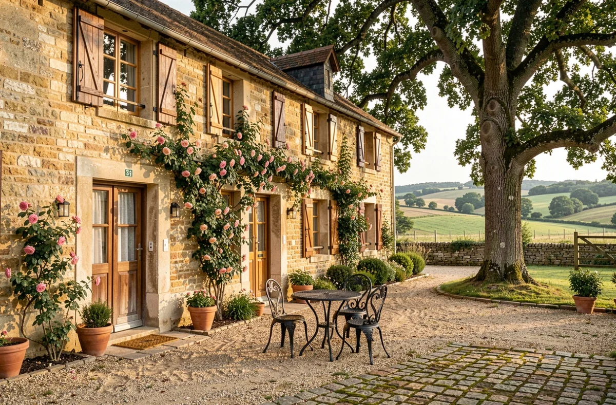 Façade en pierre d'une chambre d'hôtes typique des Yvelines entourée de verdure et de rosiers grimpants