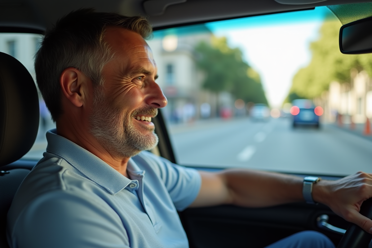 Chauffeur homme détendu dans une voiture en ville