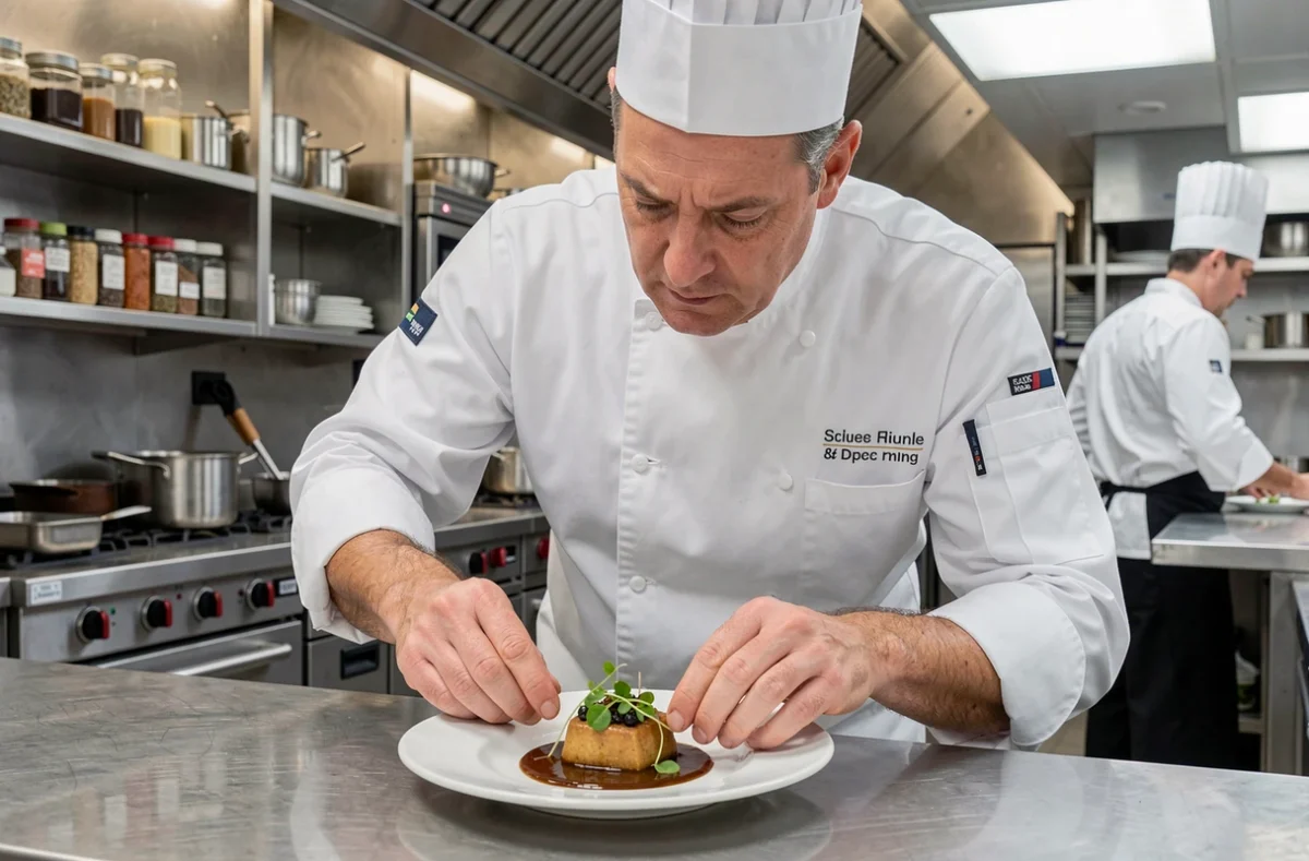 Chef cuisinier préparant un plat gastronomique dans la cuisine d'un bateau de croisière