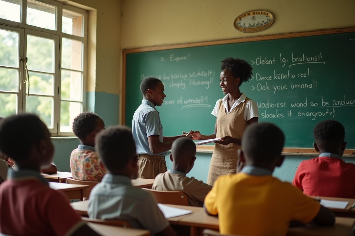 Enseignante souriante écrivant des phrases en anglais et patois dans une classe en Jamaïque