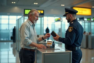 Voyageur présentant un carton de cigarettes à la douane espagnole à l'aéroport lors d'un contrôle de limitation de tabac