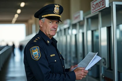 Douanier en uniforme contrôlant des documents à un poste frontière officiel, illustrant les contrôles douaniers sur les cartouches de cigarettes achetées en Espagne