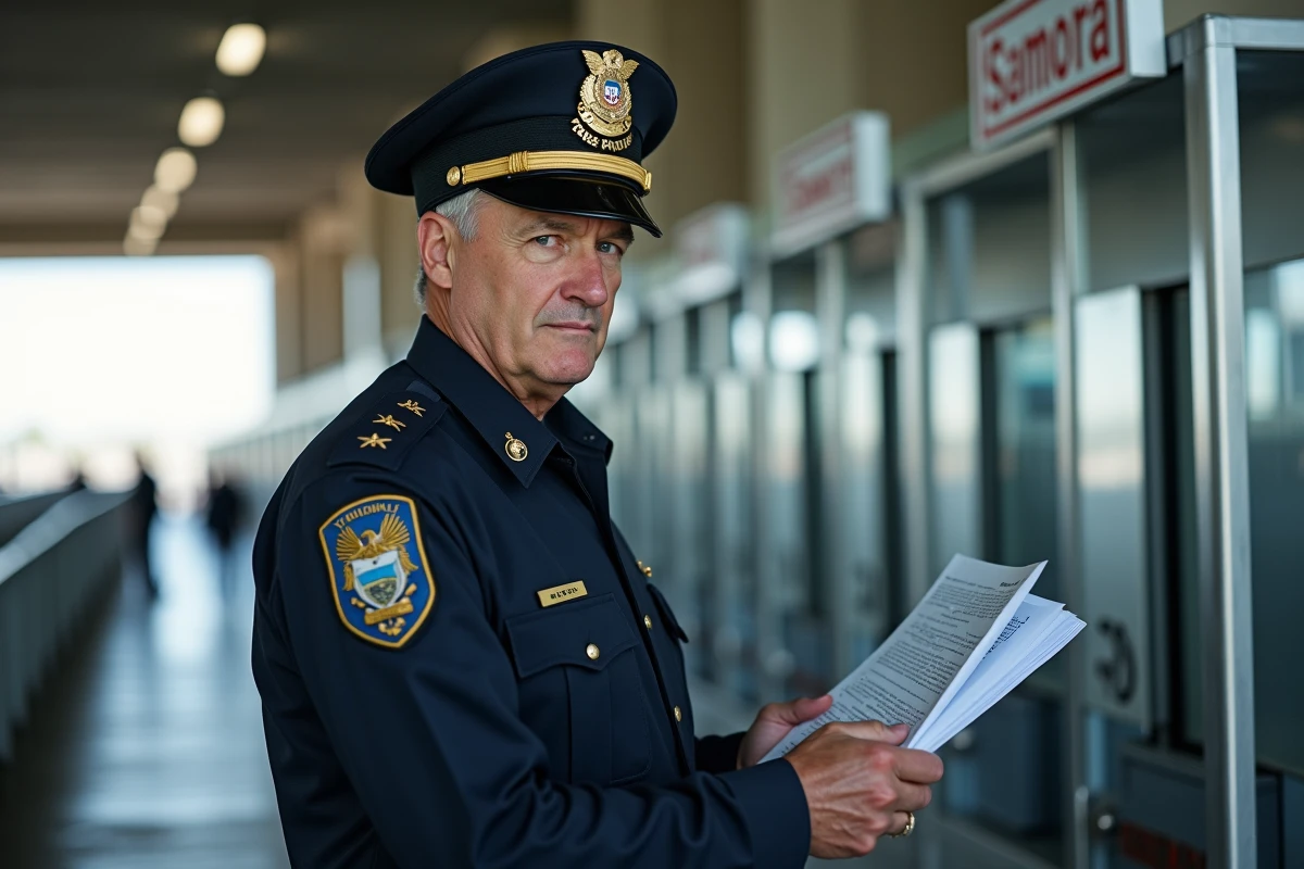 Douanier en uniforme contrôlant des documents à un poste frontière officiel, illustrant les contrôles douaniers sur les cartouches de cigarettes achetées en Espagne