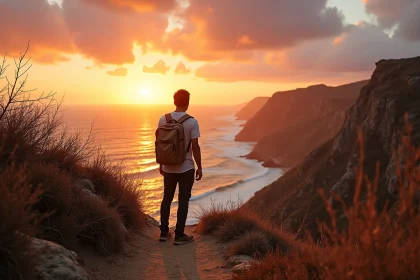 Point de vue sur les falaises de Mazunte au coucher du soleil avec un voyageur contemplant l'océan Pacifique depuis un sentier rocheux