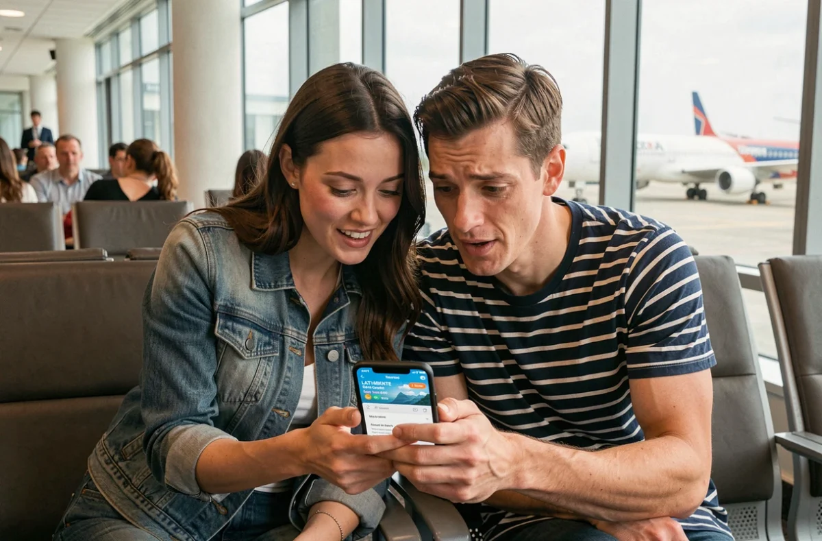 Couple consultant une application de voyages de dernière minute dans un salon d'aéroport avec vue sur le tarmac