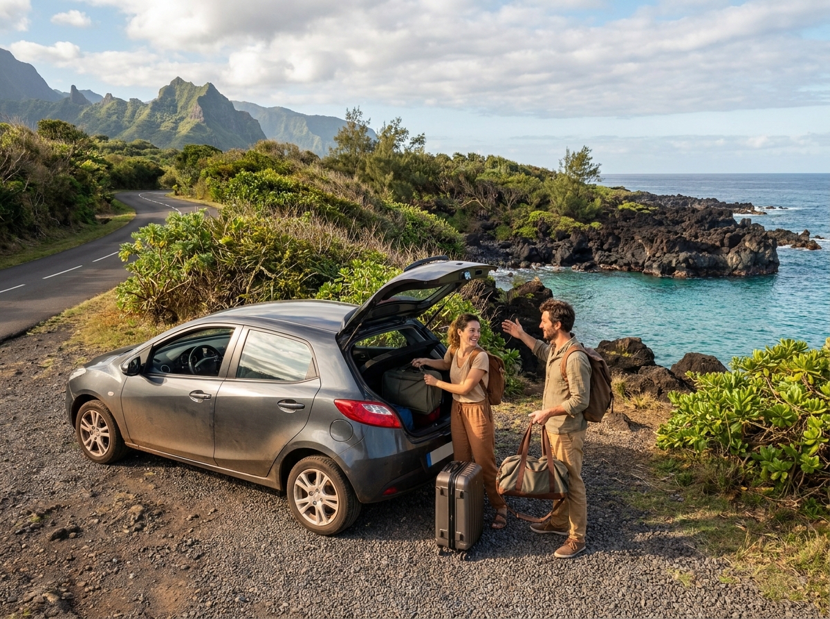 Couple chargeant des bagages dans un SUV de location sur une route côtière de La Réunion avec vue sur le lagon