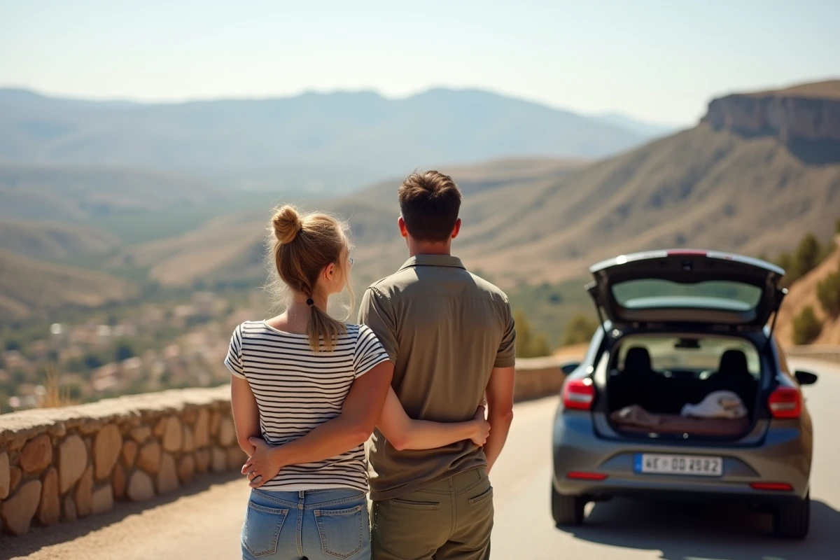 Couple de voyageurs contemplant le paysage andalou depuis un belv&eacute;d&egrave;re d'autoroute lors d'un road trip depuis la France