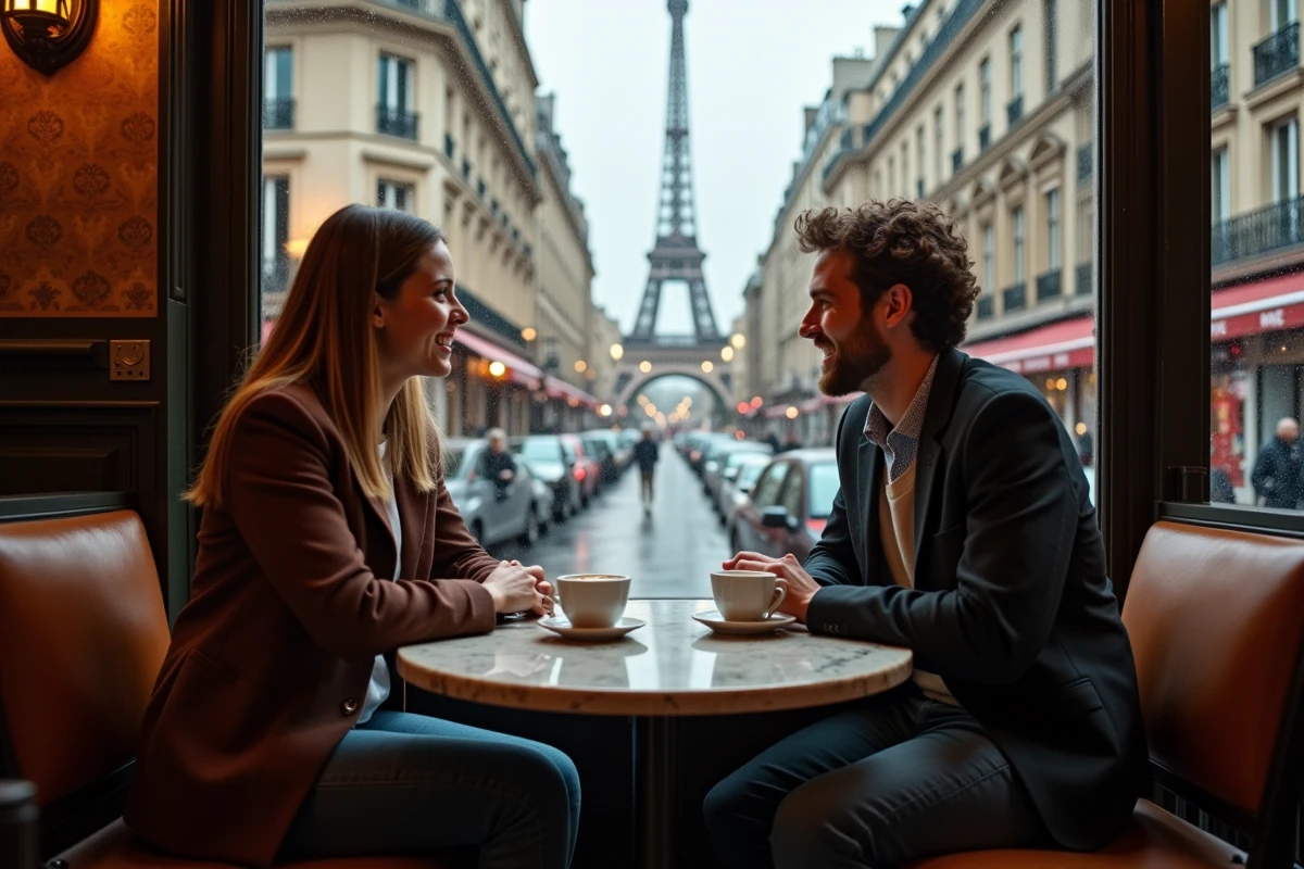 Couple dans un café parisien par temps de pluie avec vue sur la Tour Eiffel