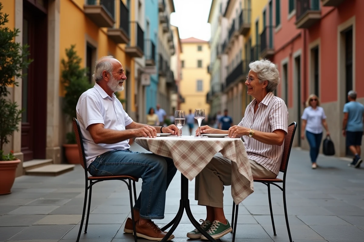 Couple détendu assis à un café en ville en vacances