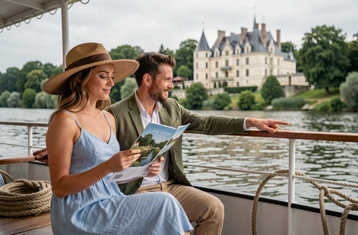 Couple de touristes en croisière sur la Loire observant un château Renaissance depuis le pont d'un bateau