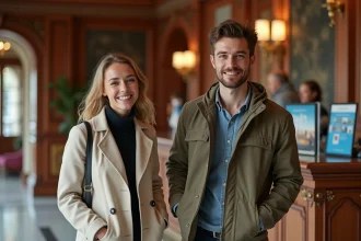 Couple souriant check-in à un hôtel parisien