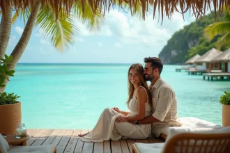 Couple en lune de miel sur un bungalow surplombant le lagon turquoise de la Guadeloupe dans un hôtel de luxe
